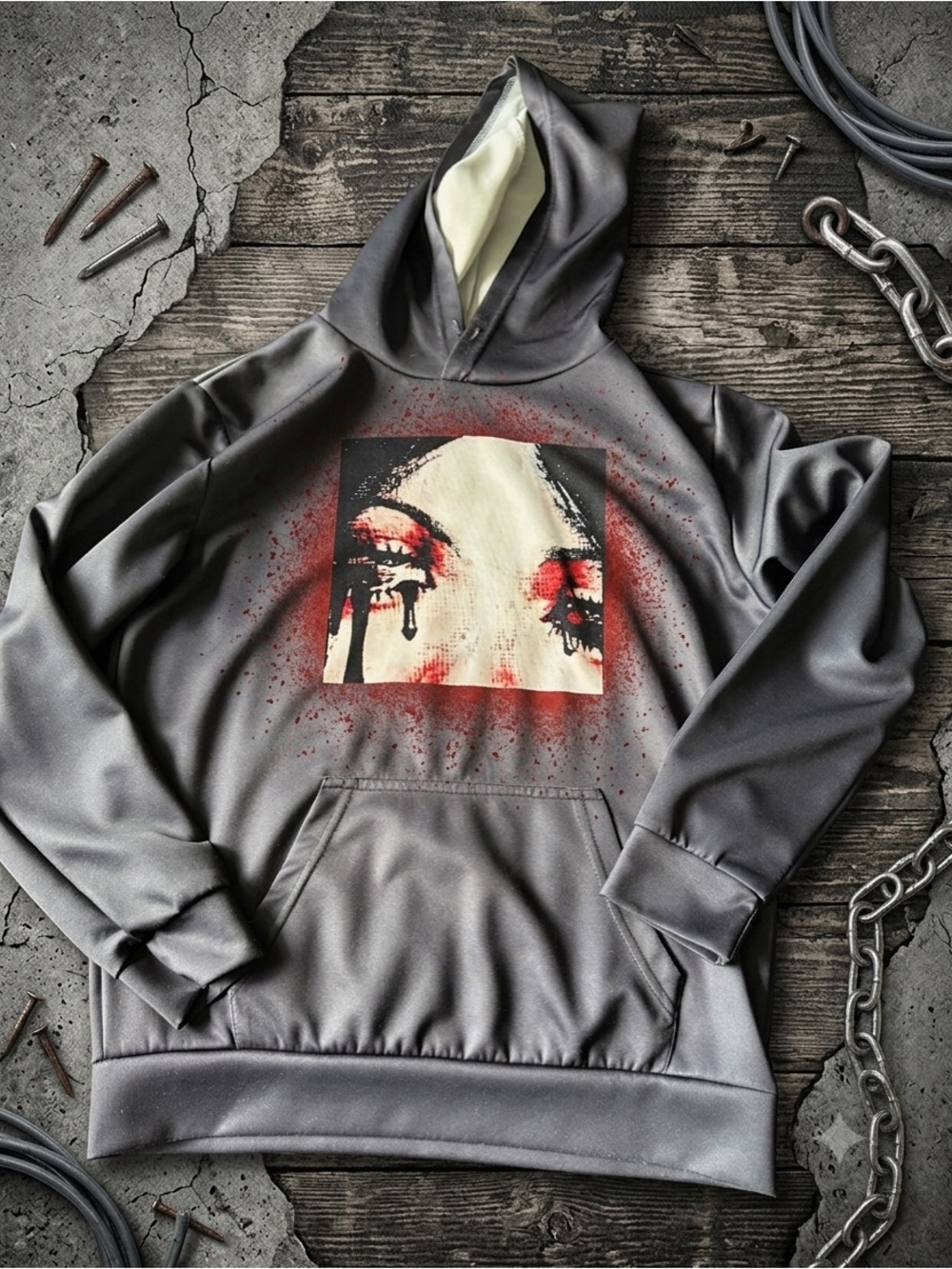 Black emo hoodie with graphic of a face with red splatter, size S